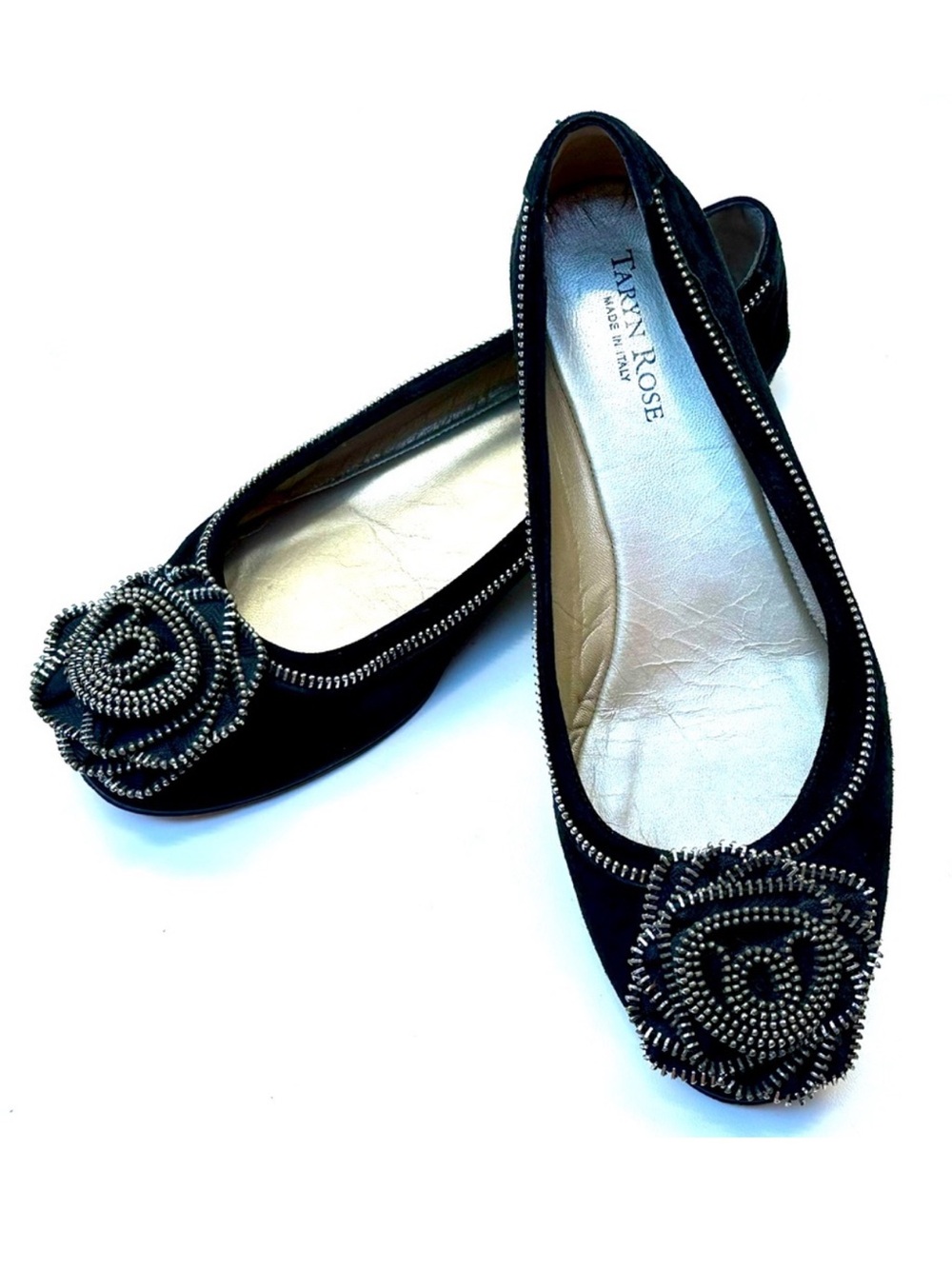 Taryn Rose Black Suede Flats with Zipper Floral Accent, 38.5, US 8.5